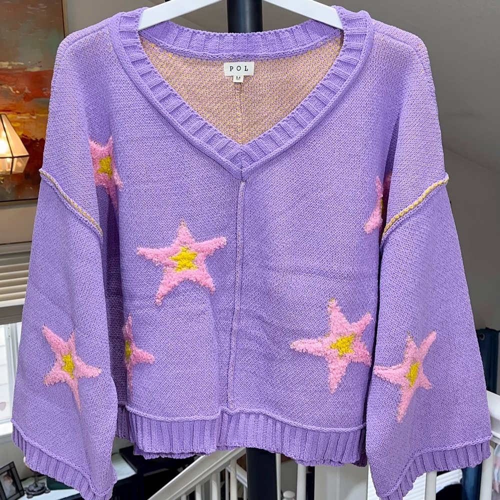 POL Lavender V-Neck Sweater with Pink and Yellow Star Details